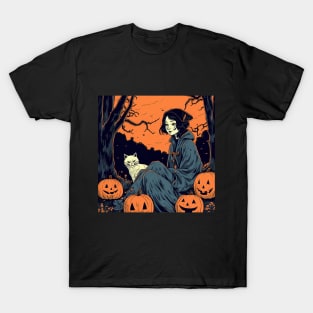 Halloween Sad Woman with Cat and coat T-Shirt